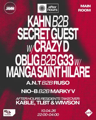 After Hours presents: Kahn b2b Secret Guest with Crazy D, Oblig b2b G33 with Manga Saint Hilare London 2026 - EDM news article After Hours presents: Kahn b2b Secret Guest with Crazy D, Oblig b2b G33 with Manga Saint Hilare London 2026 - EDM news article