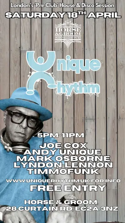 Unique Rhythm free April daytime party - EDM event at The Horse & Groom in London