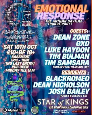 Music Unity For Mental Health presents Emotional Response Autumn Daytime Trance Party at The Star Of Kings