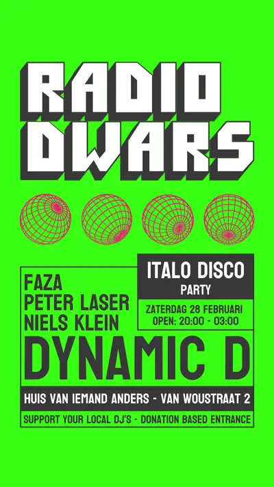 Radio Dwars Italo Disco Party Radio Dwars Italo Disco Party - EDM event at Huis van Iemand Anders in Amsterdam