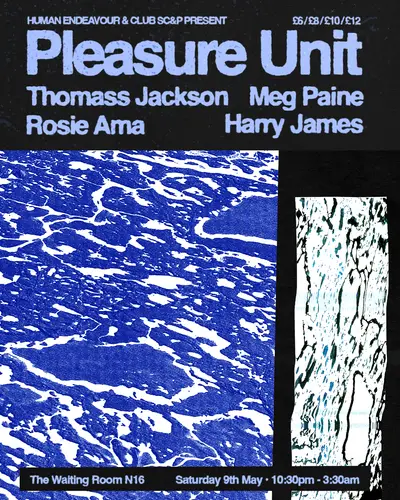 Pleasure Unit with Thomass Jackson, Meg Paine, Rosie Ama, Harry James Pleasure Unit with Thomass Jackson, Meg Paine, Rosie Ama, Harry James - EDM event at The Waiting Room in London