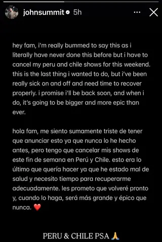 John Summit Cancels Chile and Peru Shows Over Health Concerns - EDM news article John Summit Cancels Chile and Peru Shows Over Health Concerns - EDM news article